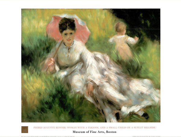 Woman with a Parasol and a Small Child on a Sunlit by Pierre-Auguste Renoir - 24 X 32 Inches (Art Print)