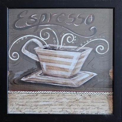 Decorative artwork of an espresso cup with 'Espresso' text on a gray background.
