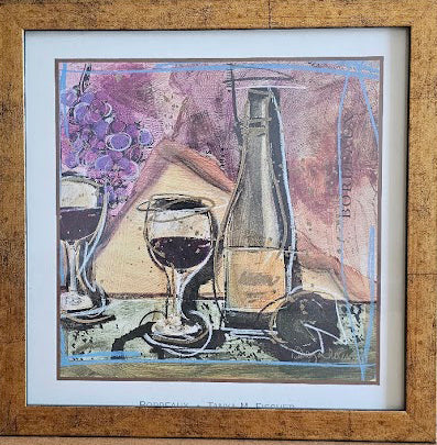 Framed artwork of a bottle and glasses with a textured background