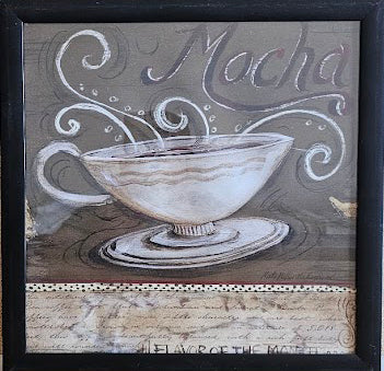 Decorative artwork of a coffee cup with 'Mocha' text on a textured background