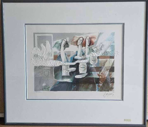 Framed artwork of a woman sitting at a table with a cat, surrounded by abstract elements.