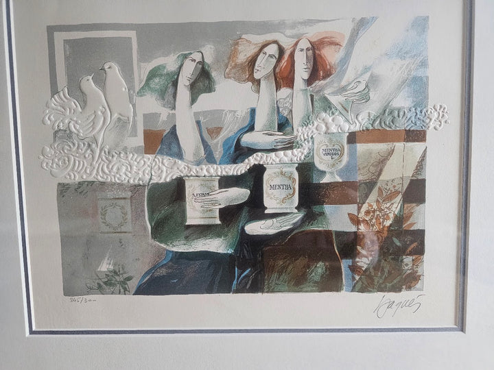 Framed artwork of a stylized scene with figures and objects on a table.