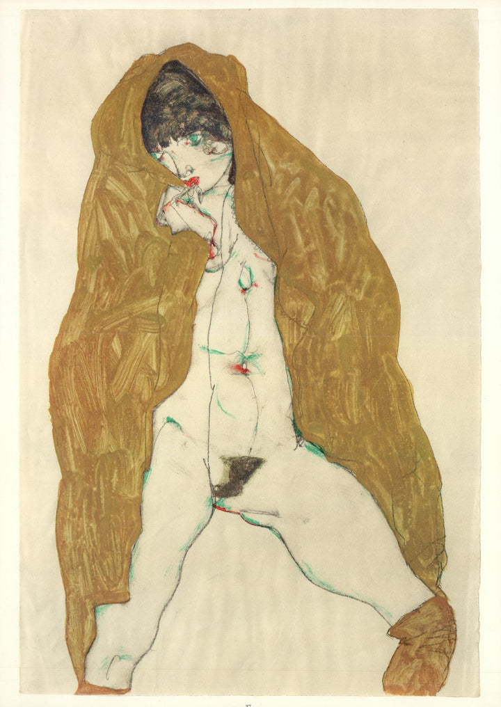 Upright Nude with Spread Legs and Yellow-Brown Shawl, 1914 by Egon Schiele - 14 X 20 Inches (Art Print)