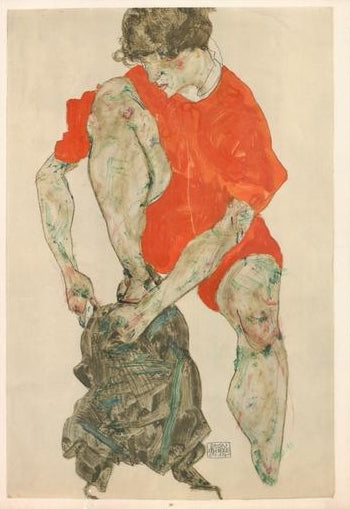 Female Model in Bright Red Jacket and Pants, 1914 by Egon Schiele - 14 X 20 Inches (Art Print)