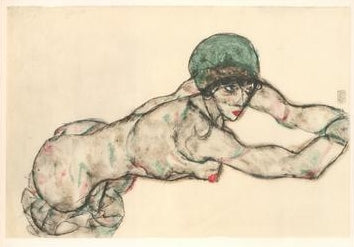 Reclining Female Nude with Green Cap, Leaning to the Right, 1914 by Egon Schiele - 14 X 20 Inches (Art Print)