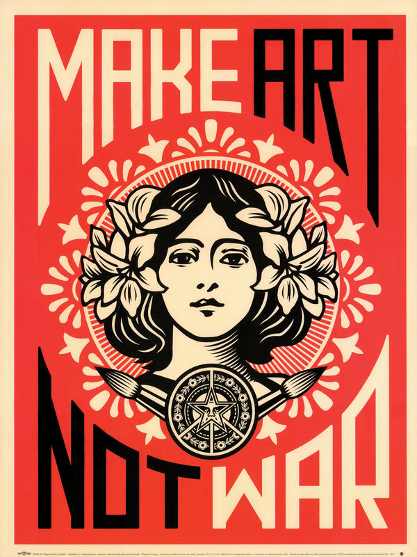 Poster with a stylized illustration of a woman's face and 'Make Art Not War' text on a red background.