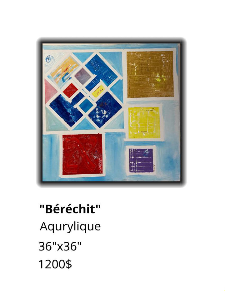 Abstract art piece titled 'Béréchit' with geometric shapes and text indicating size and price.
