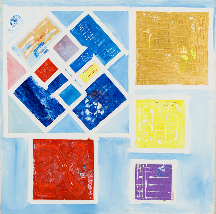 Collection of abstract art pieces on a blue background