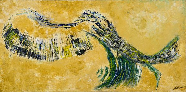 Abstract artwork of a fish on a beige background