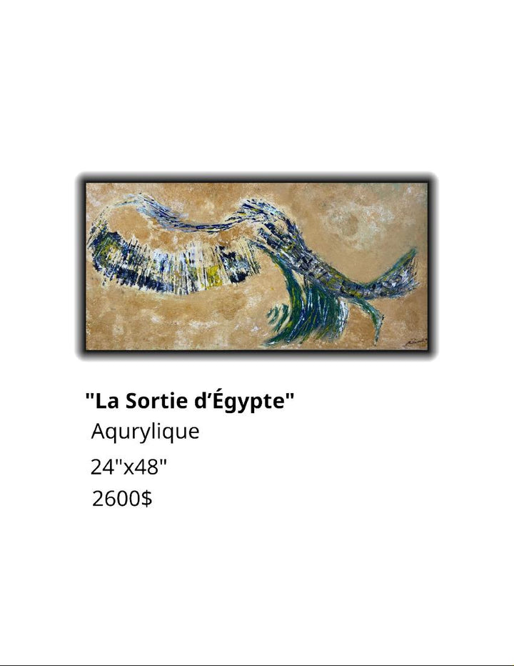 Abstract painting titled 'La Sortie d'Egypte' with dimensions and price on a white background