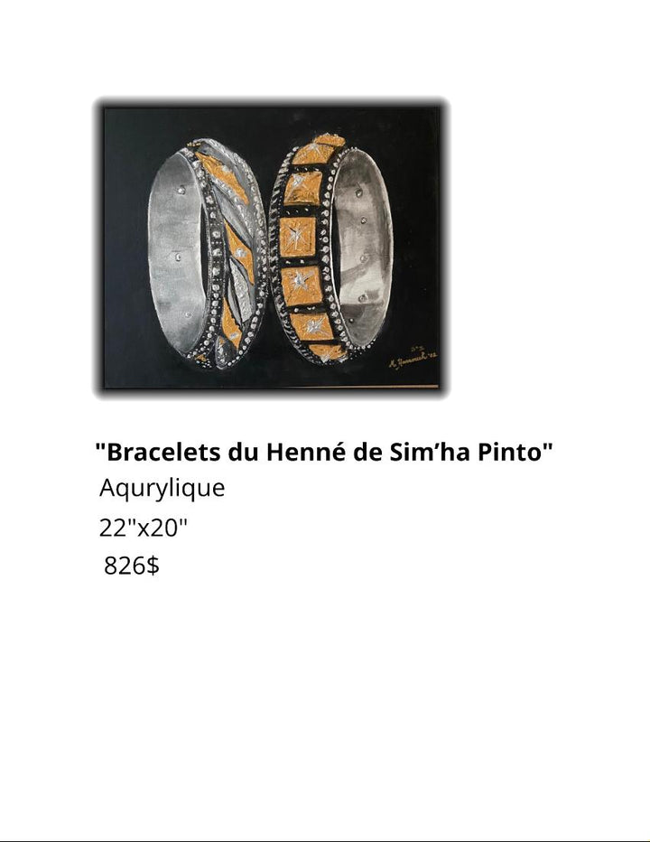 Advertisement for 'Bracelets du Henné de Sim'ha Pinto' artwork with two bracelets on a black background.