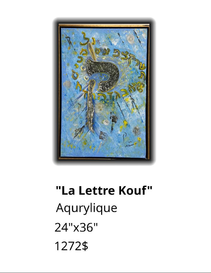 Framed abstract artwork titled 'La Lettre Kouf' with dimensions 24"x36" and price $1272 on a white background.