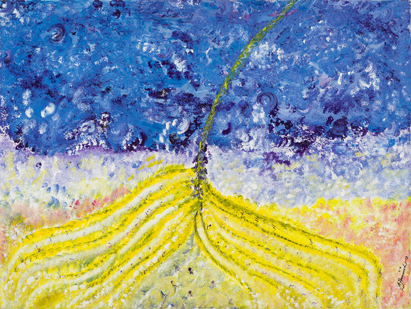 Abstract artwork with yellow lines and blue and purple background