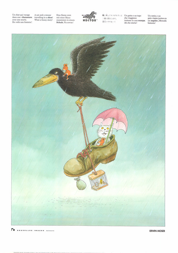 A Cat and a Mouse Travelling in a Shoe by Erwin Moser - 20 X 28 Inches (Art Print)