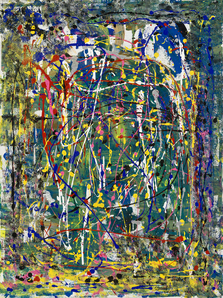 Abstract artwork with splashes of red, blue, yellow, and black on a textured background