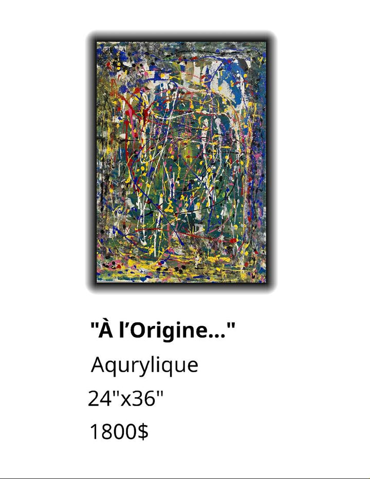 Abstract artwork with text indicating dimensions and price on a white background