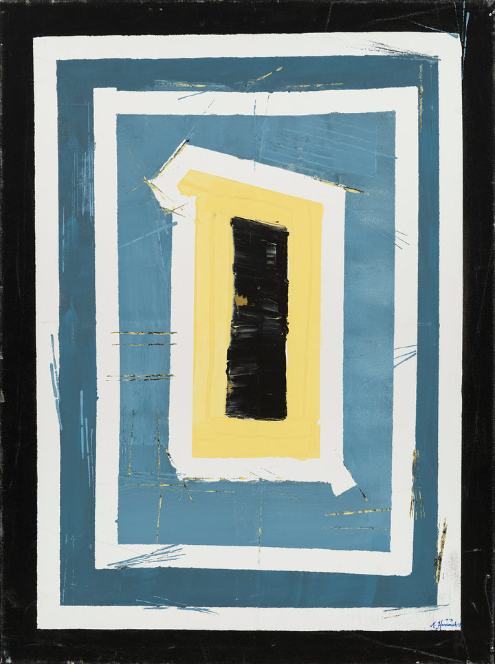 Abstract art piece with geometric shapes on a blue background