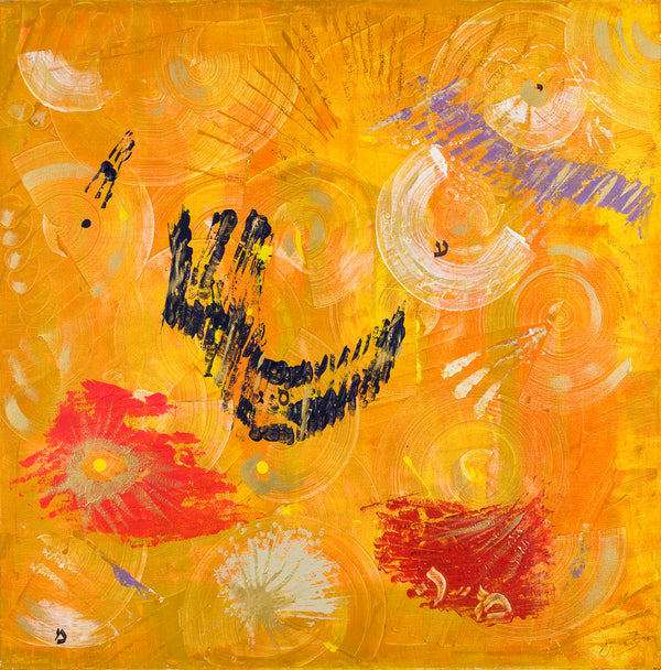 Abstract artwork with vibrant colors and dynamic brush strokes on a yellow background