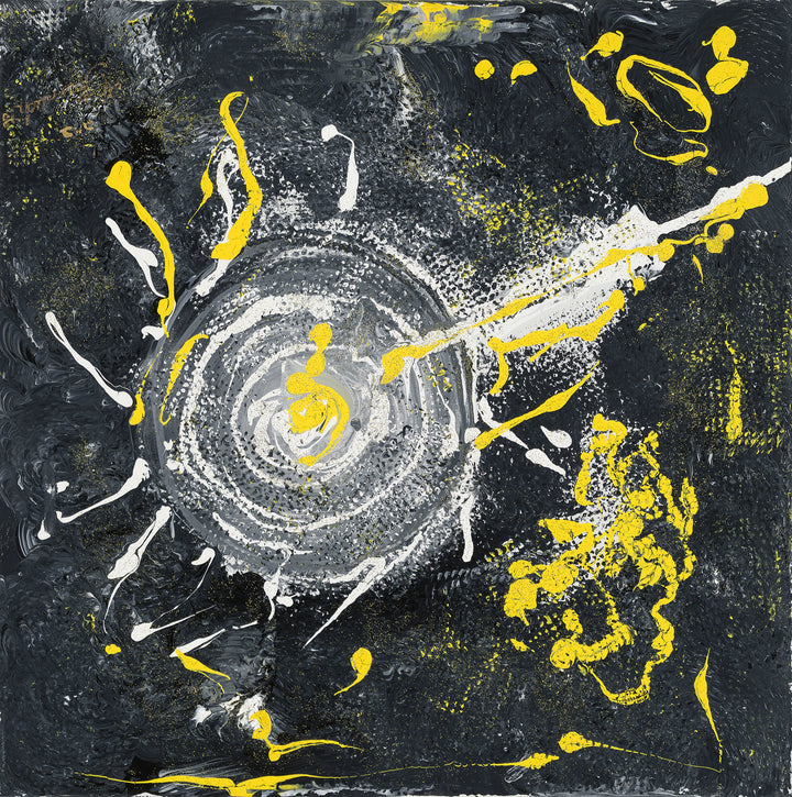 Abstract art with concentric circles and splashes of yellow and white on a dark background