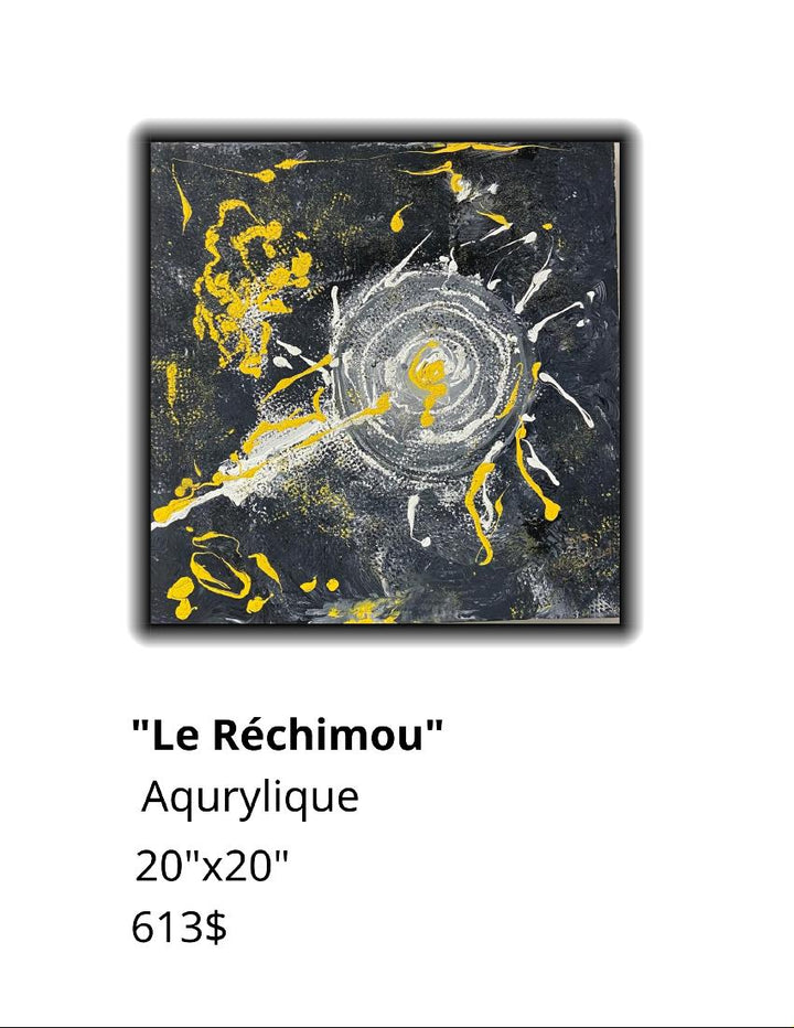 Abstract art piece titled 'Le Réchimou' with yellow and white abstract patterns on a dark background.