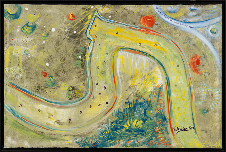 Abstract artwork with swirling patterns and colors, signed by the artist.