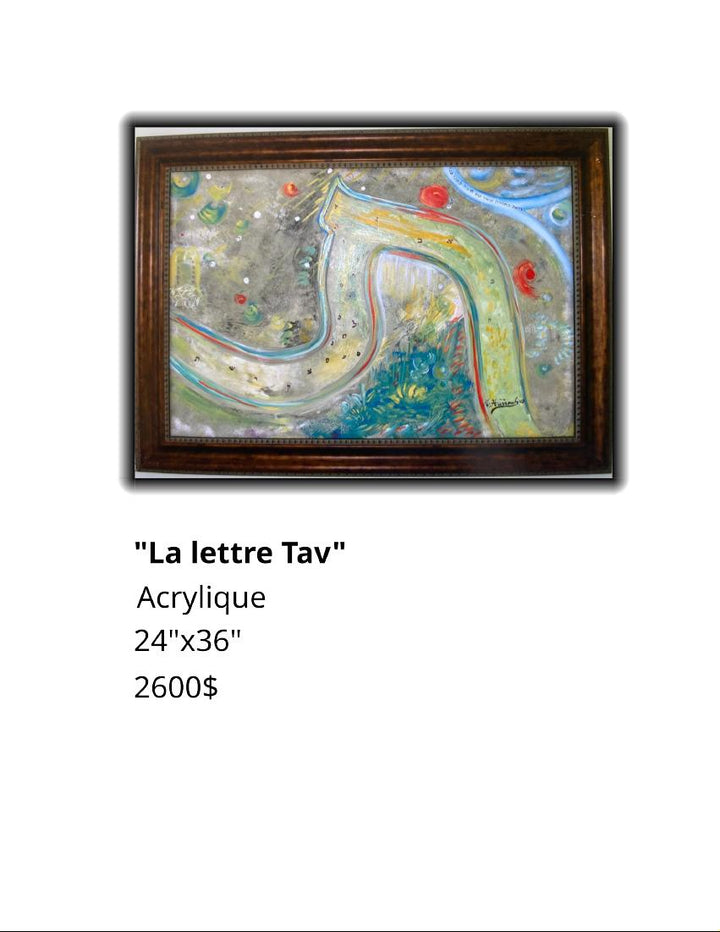 Framed abstract art piece titled 'La lettre Tav' with dimensions and price on a white background.