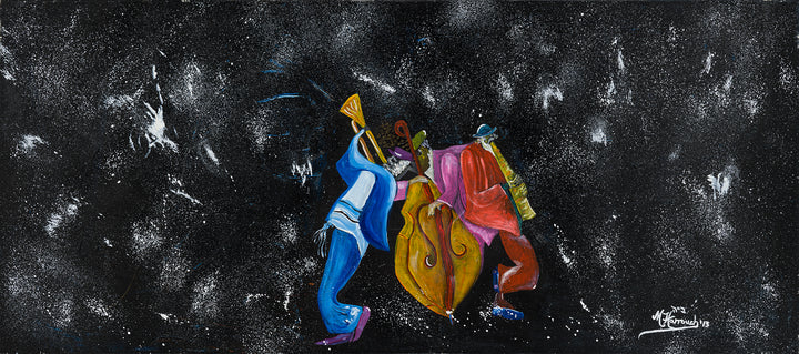 Colorful painting of musicians playing instruments on a black background with white abstract shapes.