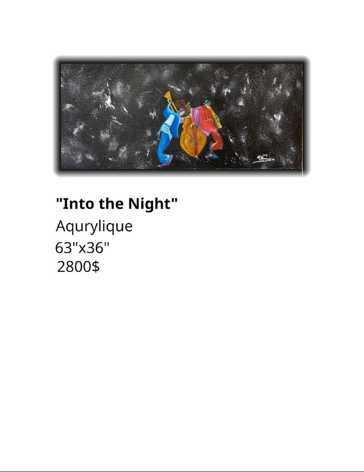 Painting titled 'Into the Night' by Aqurylique with dimensions 63"x36" and price $2800 on a white background.