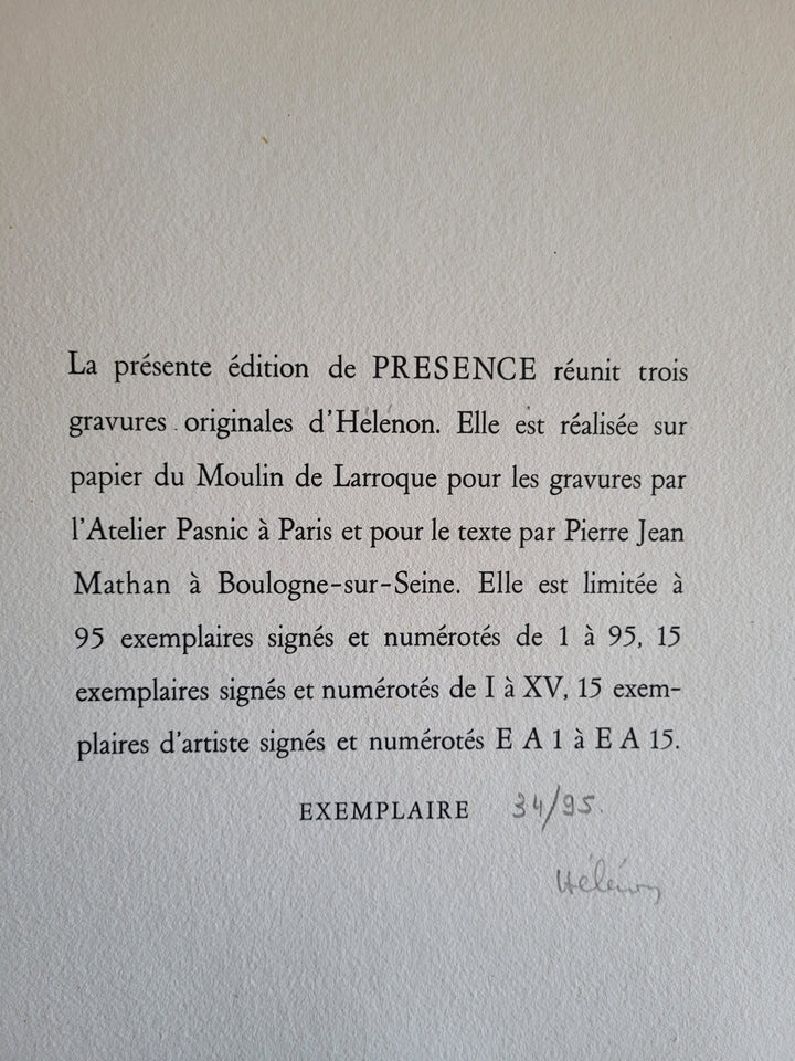Présence II, 1985 by Serge Hélénon - 18 X 23 Inches (Carborundum Engraving Numbered & Signed) 34/95