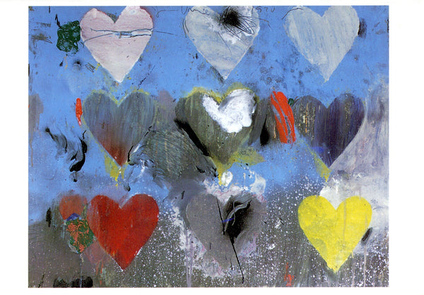 Abstract artwork with colorful hearts on a blue background