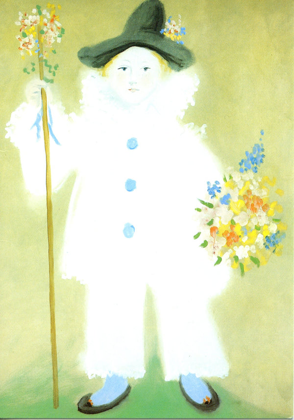 Character in a white outfit with a green hat holding flowers and a staff on a light green background