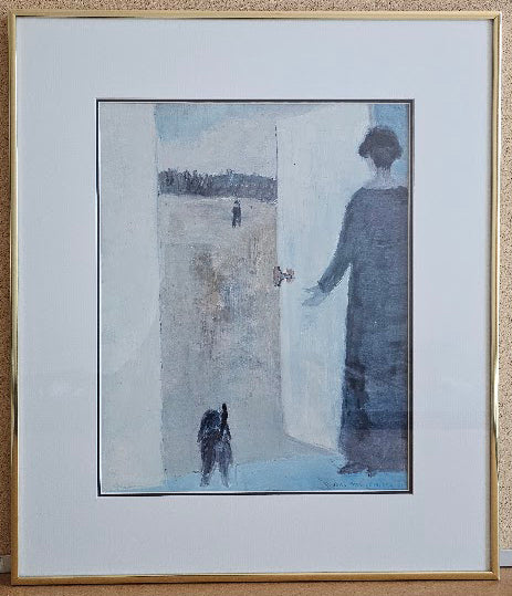 Framed artwork of a woman standing by a door with another person inside.