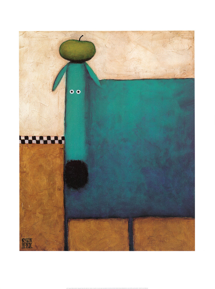 Turquoise Dog with Apple by Daniel Patrick Kessler - 24 X 32 Inches (Art Print)