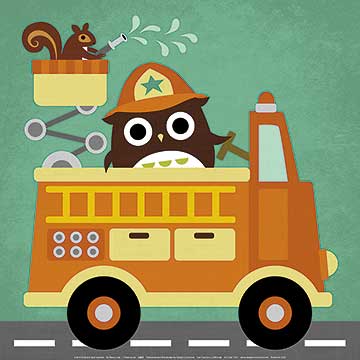 Owl in Firetruck and Squirrel by Nancy Lee - 12 X 12 inches (Art Print)