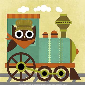 Owl Train Conductor by Nancy Lee - 12 X 12 inches (Art print)