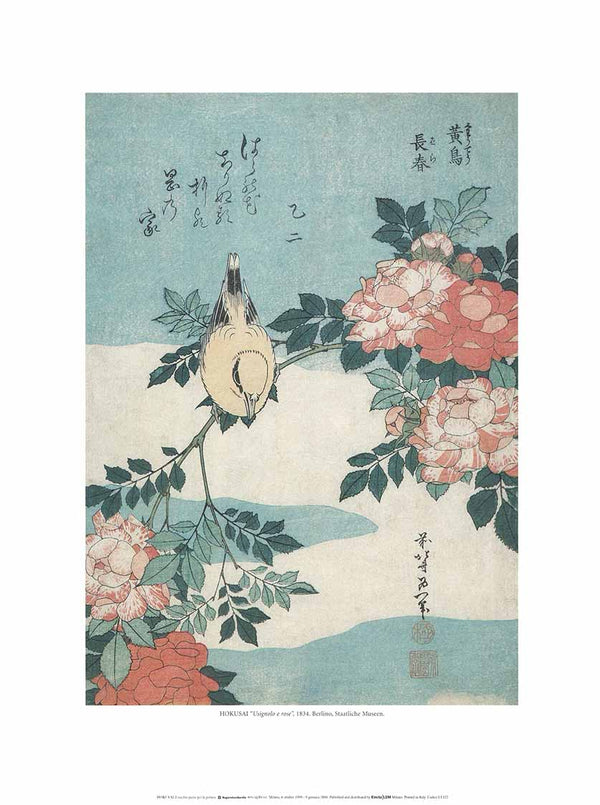 Nightingale and Roses, 1834 by Katsushika Hokusai - 12 X 16 Inches (Art Print)