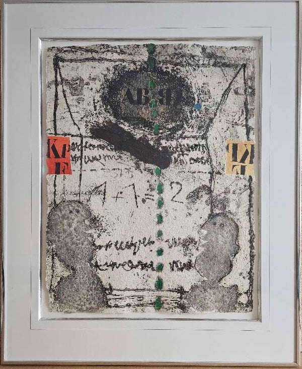Framed abstract artwork with text and symbols on a textured background