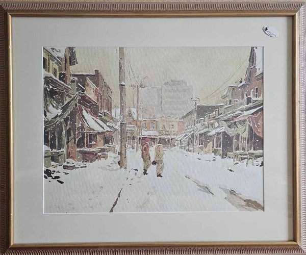 Framed artwork of a snowy street scene with two people walking.