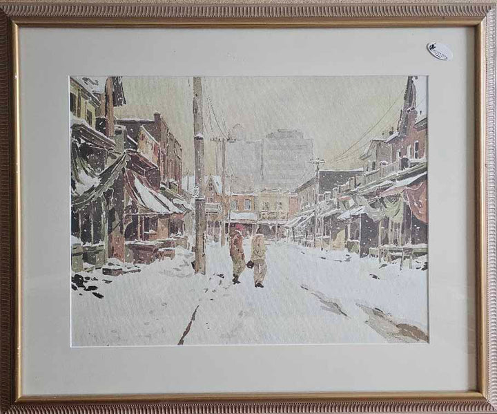 Framed artwork of a snowy street scene with two people walking.