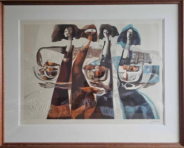Framed artwork of three abstract figures with glasses and fruit