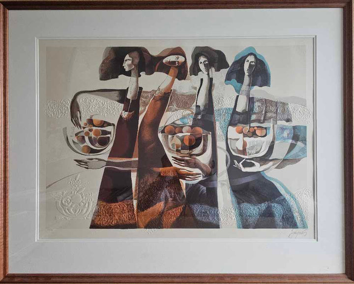 Framed artwork of three abstract figures with glasses and fruit