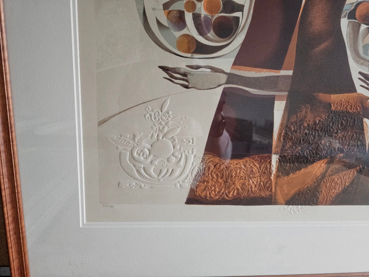 Framed artwork with abstract design and text on a textured surface