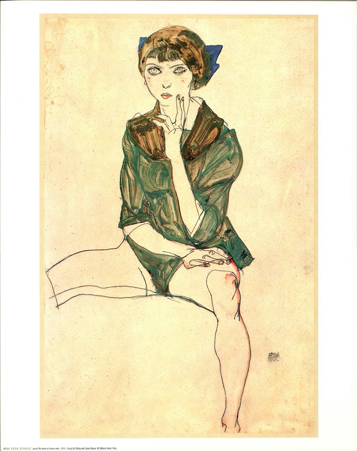 Young Girl Sitting with Green Blouse, 1913 by Egon Schiele - 16 X 20 Inches (Offset Lithograph)
