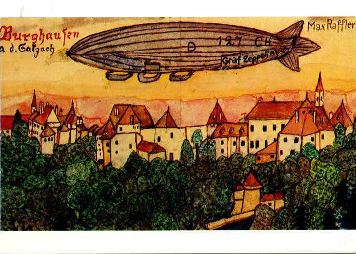 Burghausen-sur-le-Salzach, Vue de la ville avec un zeppelin, 1930 by Max Raffler - 4 X 6 Inches (10 Postcards)