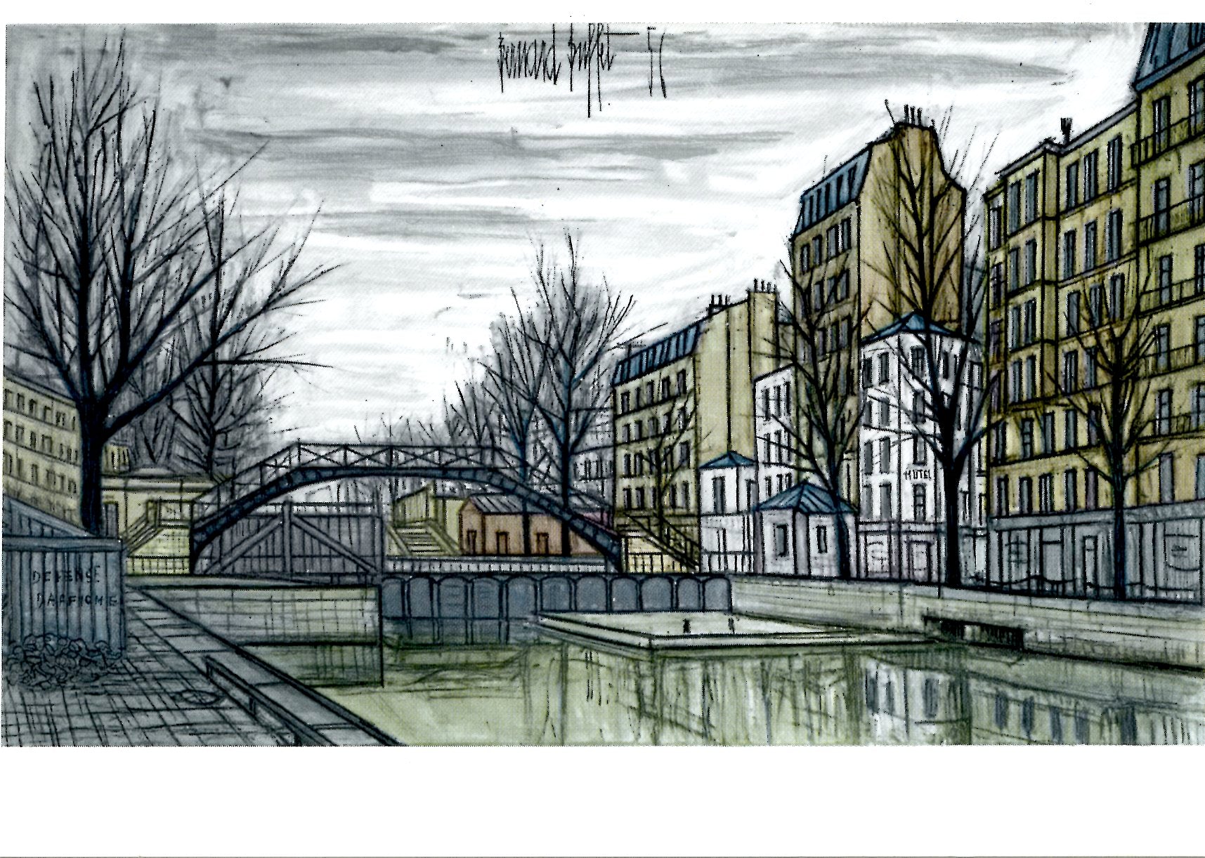 ベルナール・ビュッフェ、「PAYSAGES DE PARIS-Canal Paris, Le Canal Saint-Martin by Bernard Buffet - 4 X 6 Inches (10