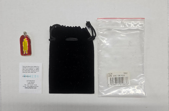 Black drawstring bag, small red and yellow tag, clear plastic bag with barcode label on a white background