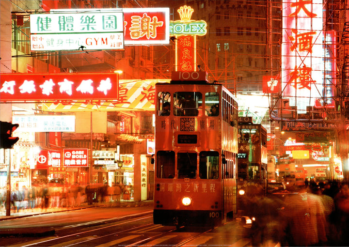 Trams and Traffic at Night at Hennessy Road, Causeway Bay, Hong Kong by Chad Ehlers - 20 X 28 Inches (Art Print)