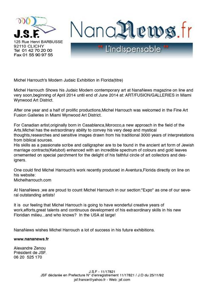 Letter from NanaNews.fr about Michel Harrouch's Modern Judaic Exhibition