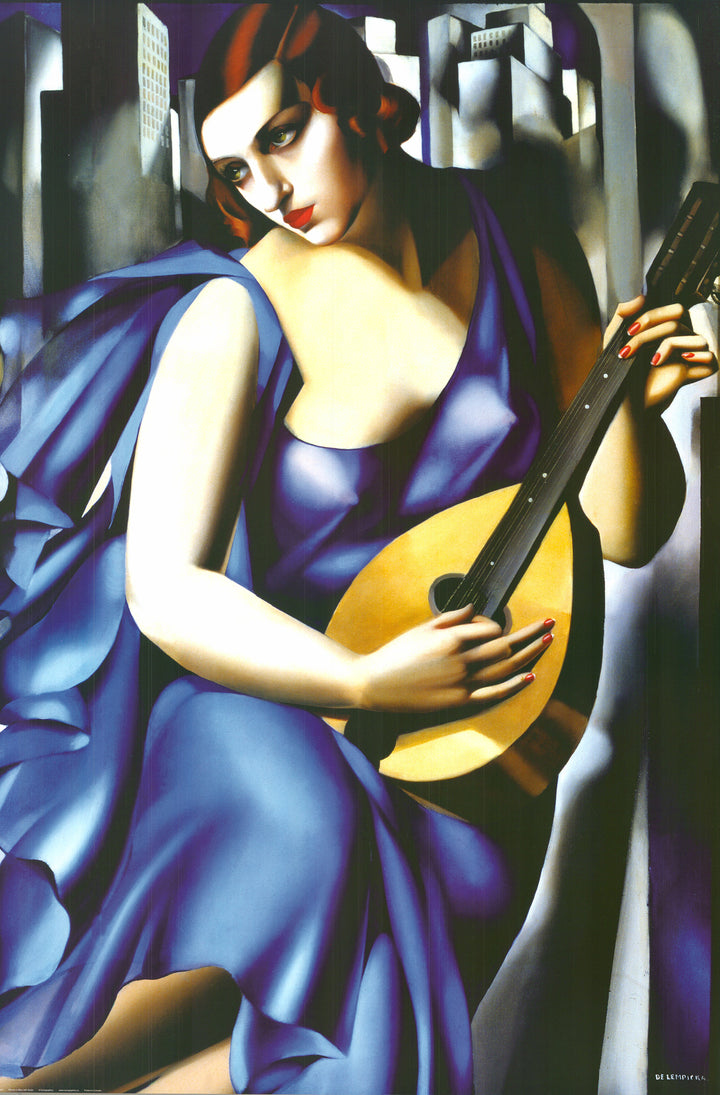 Woman in Blue with Guitar by Tamara de Lempicka - 24 X 36 Inches (Art Print)