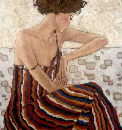 Woman in Striped Dress by Xi Pan - 12 X 12 Inches (Art Print)